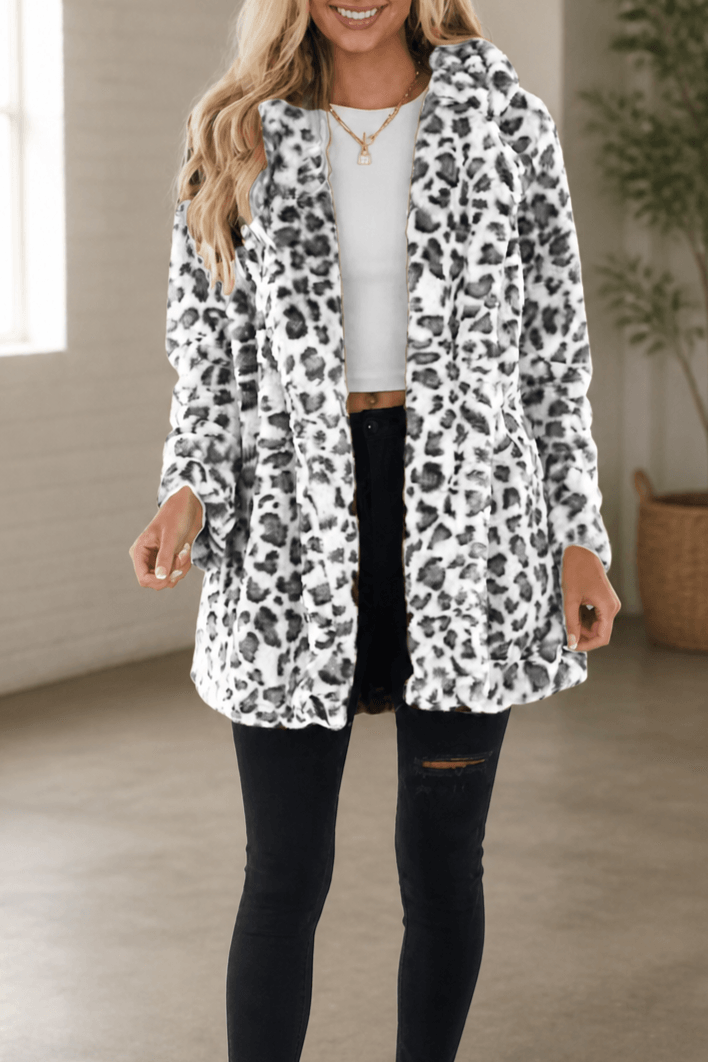 Women's Leopard Print Faux Fur Longline Coat with Open Front