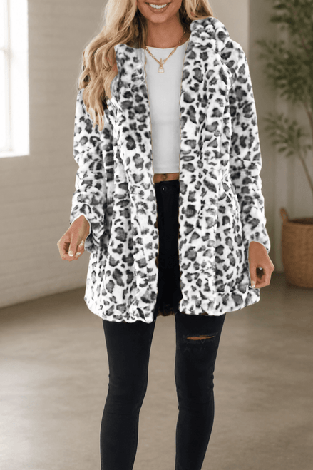 Women's Leopard Print Faux Fur Longline Coat with Open Front