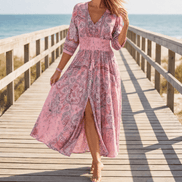 Floressa Paisley Floral V-Neck Women's Midi Dress with Drawstring Waist