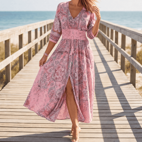Floressa Paisley Floral V-Neck Women's Midi Dress with Drawstring Waist