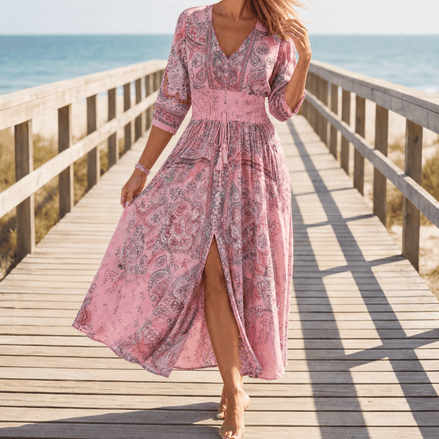 Floressa Paisley Floral V-Neck Women's Midi Dress with Drawstring Waist