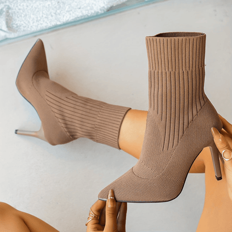 Women's Ribbed Knit Ankle Boots with Pointed Toe and Stiletto Heel