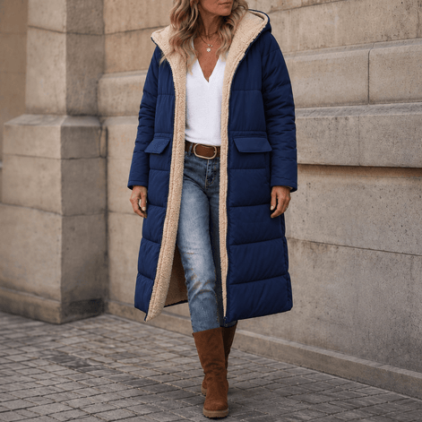 Reversible Hooded Long Puffer Coat with Faux Shearling Lining