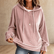 Ruffle Cuff Velvet Hoodie with Dropped Shoulder for Women