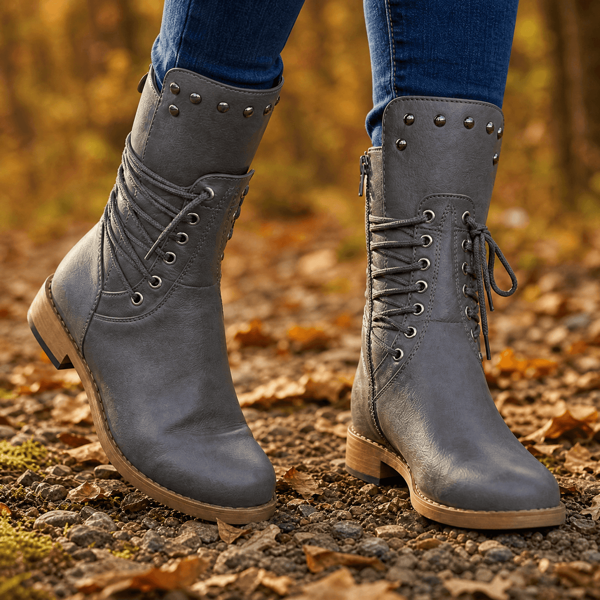 Westlyn Wool-Lined Lace-Up Ankle Boots with Stud Cuff Detail