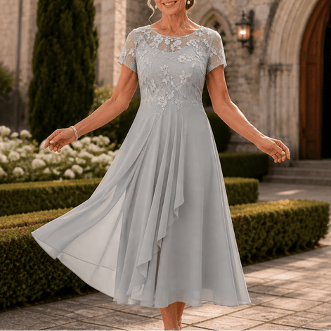 Lace Bodice Chiffon Women's Midi Dress with Ruffle Skirt