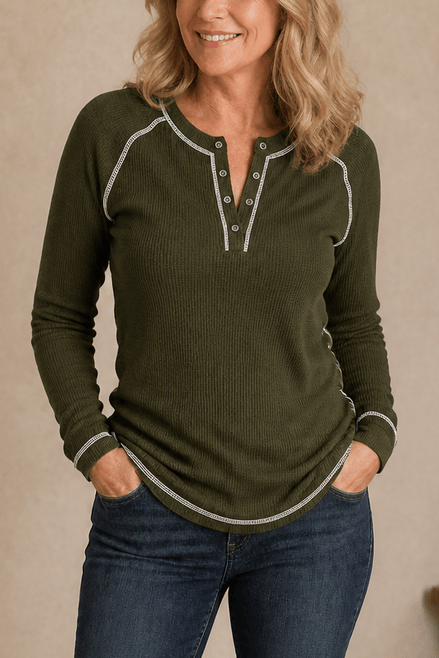 Women's Waffle Knit Henley Top with Button Placket