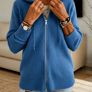 Women's Ribbed Zip-Up Hooded Cardigan with Drawstring Hood