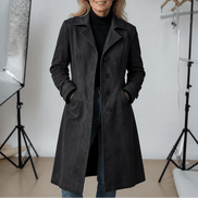 Women's Long Suede-Effect Button-Front Coat with Clean Vertical Line