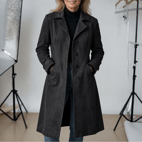 Women's Long Suede-Effect Button-Front Coat with Clean Vertical Line