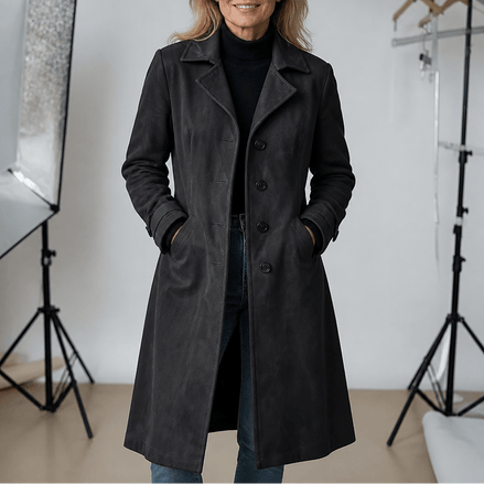 Women's Long Suede-Effect Button-Front Coat with Clean Vertical Line