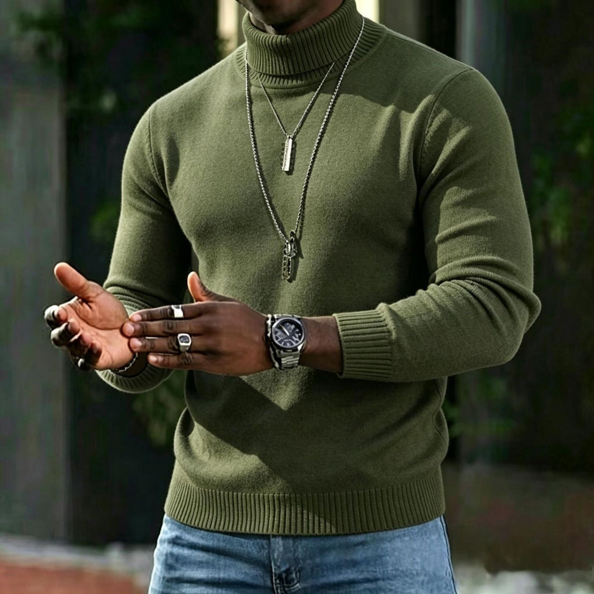 Men's Ribbed Turtleneck Knit Jumper with Long Sleeves