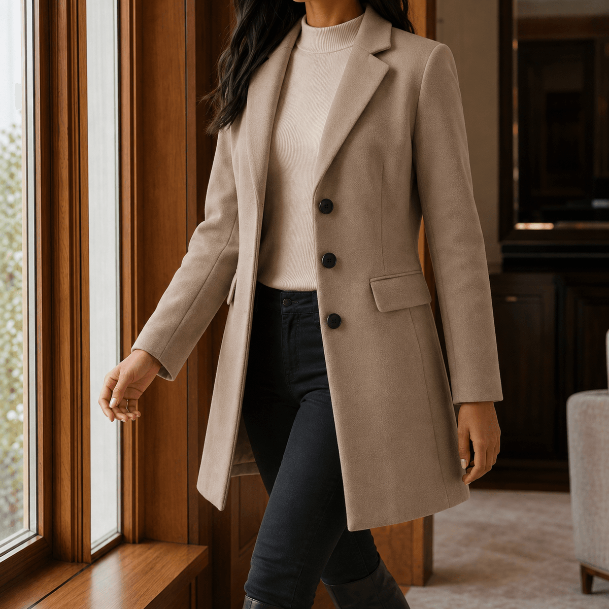Women's Tailored Wool-Blend Winter Coat with Notched Lapels