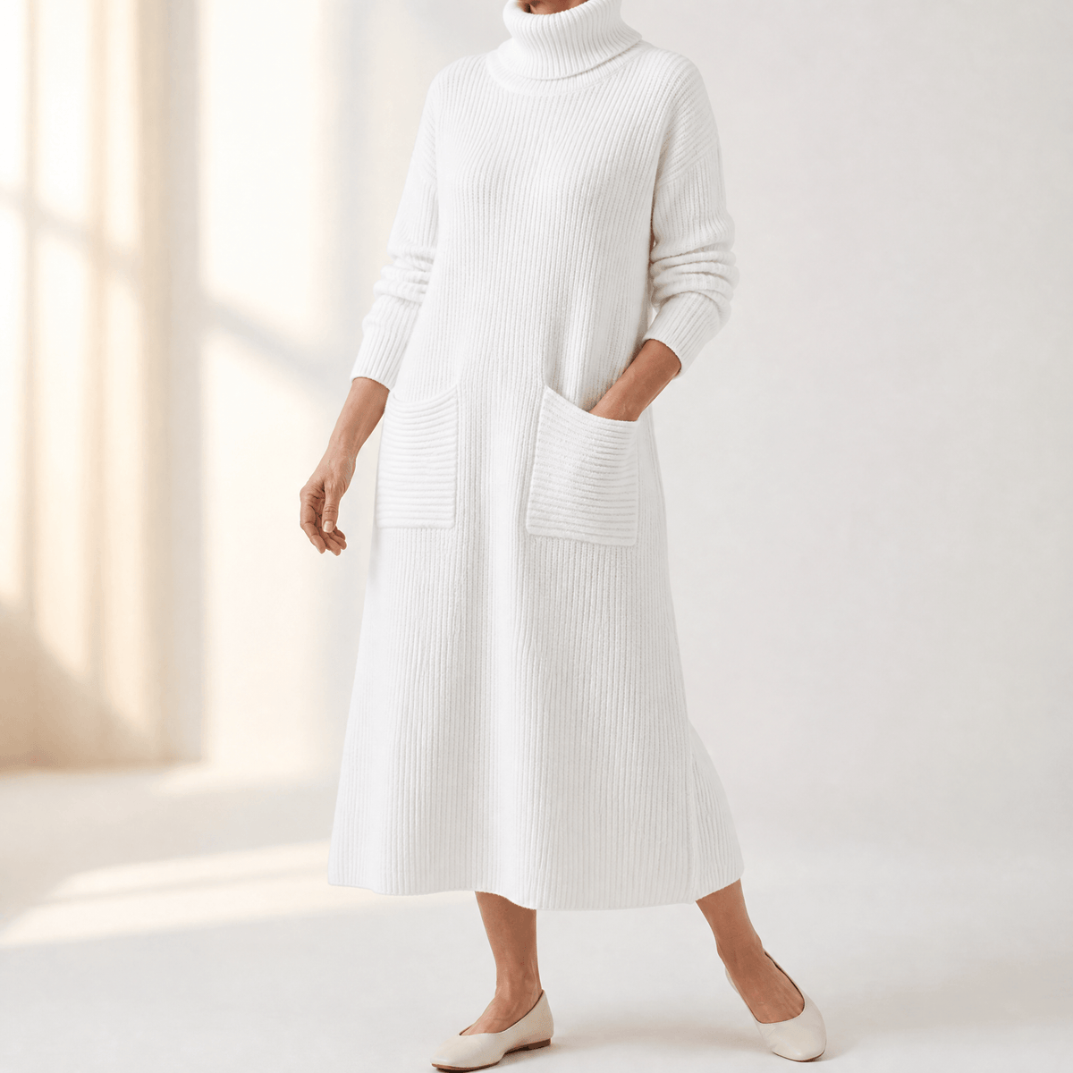 Velara Women's Turtleneck Knitted Jumper Dress with Pockets