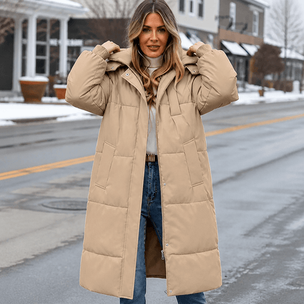 Women's Long Hooded Quilted Puffer Jacket with Pockets in Polyester