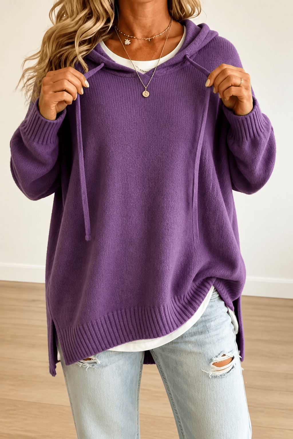 Women's Oversized Hooded Knitted Jumper with Drawstring