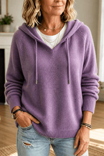 Women's Ribbed Hooded Knit Jumper with Drawstring
