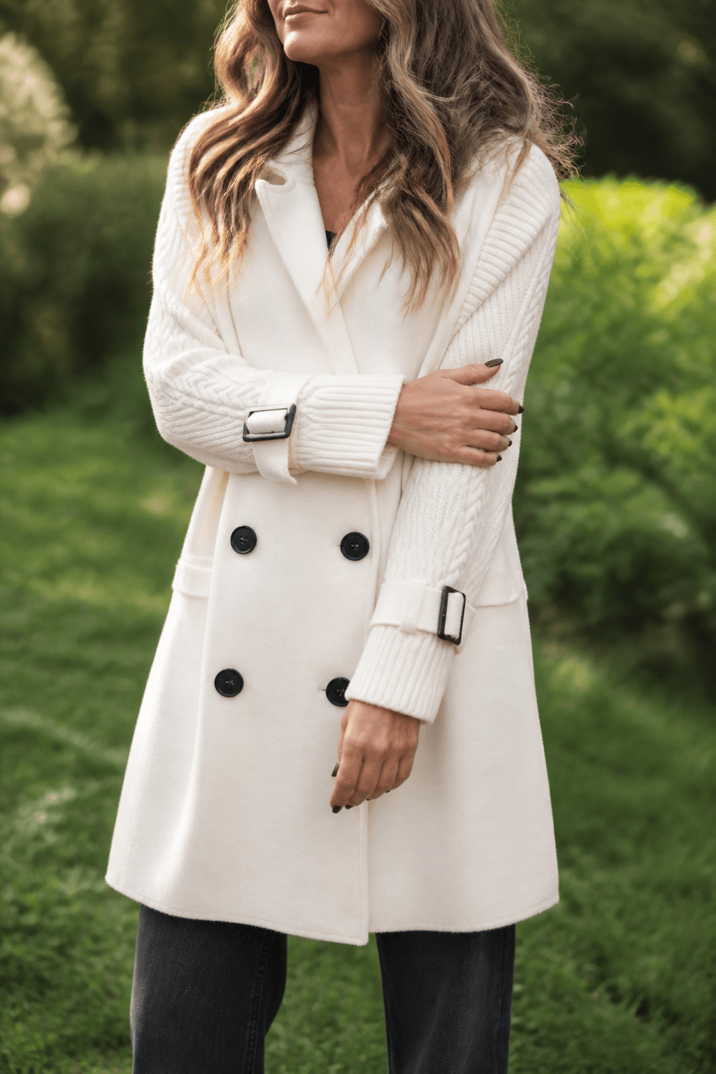 Cable-Knit Sleeve Double-Breasted Longline Coat for Women
