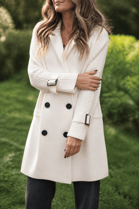 Cable-Knit Sleeve Double-Breasted Longline Coat for Women