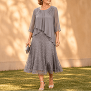 Elavine Sheer-Sleeve Floral Lace Overlay Chiffon Women's Midi Dress