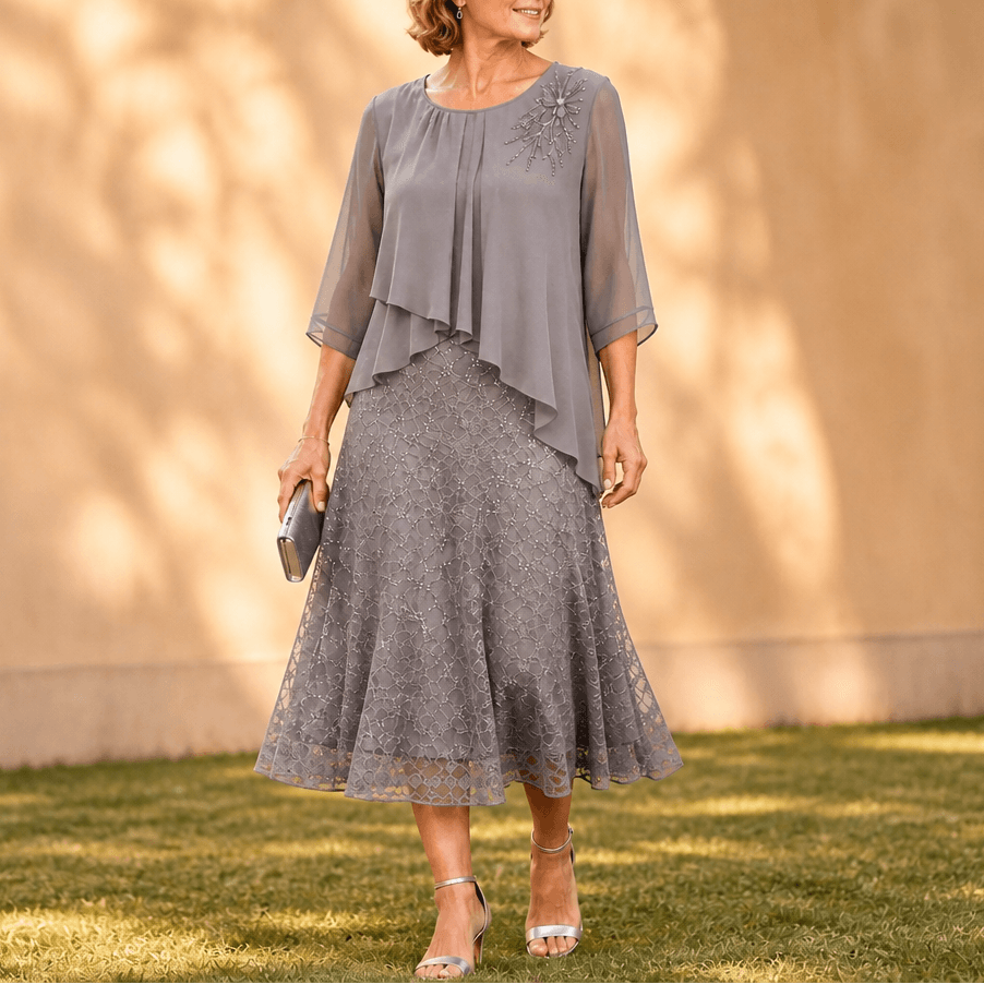 Elavine Sheer-Sleeve Floral Lace Overlay Chiffon Women's Midi Dress