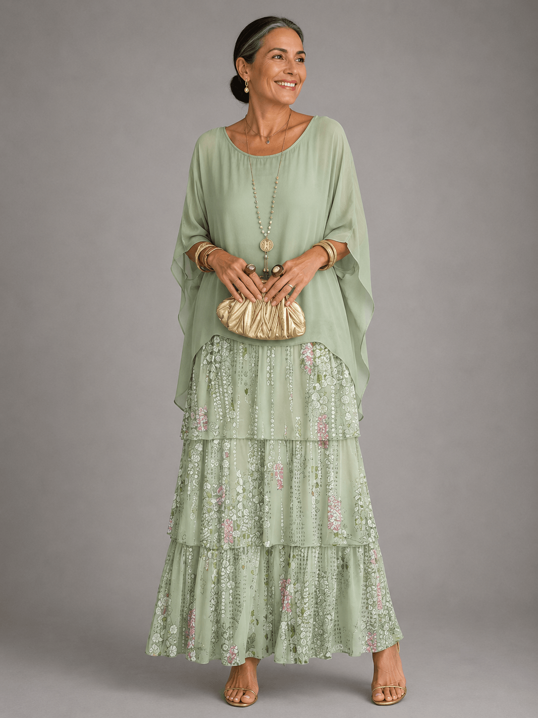 Tiered Chiffon Women's Maxi Dress with Flutter Sleeves and Layered Hem