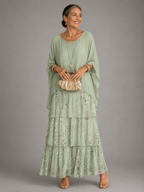 Tiered Chiffon Women's Maxi Dress with Flutter Sleeves and Layered Hem