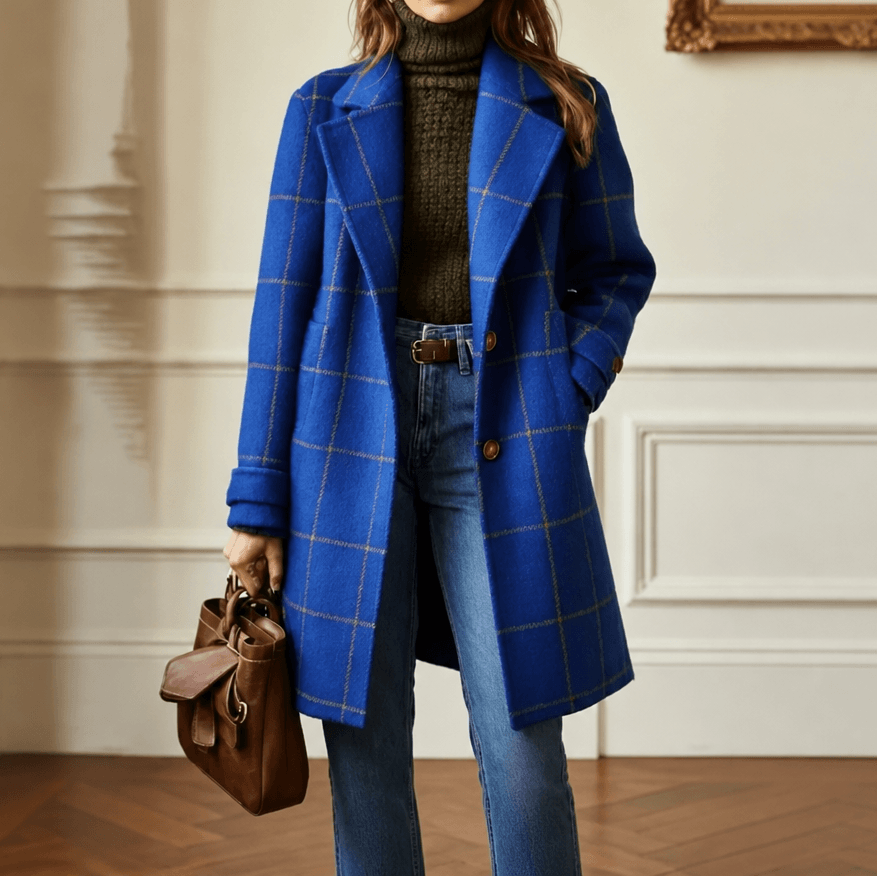 Women's Oversized Plaid Wool-Look Coat with Two-Button Front