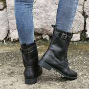 Hazel Lace-Up Combat Boots with Side Zip and Buckle Detail in Faux Leather