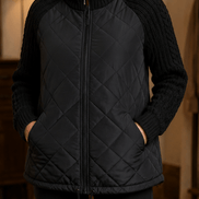 Women's Knit-Panel Quilted Puffer Jacket with Ribbed Cuffs