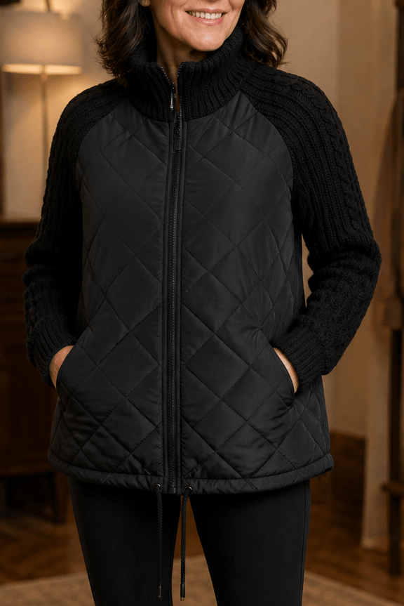 Women's Knit-Panel Quilted Puffer Jacket with Ribbed Cuffs