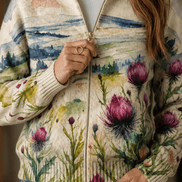 Botanical Print Zip-Up Knit Cardigan with Ribbed Trim