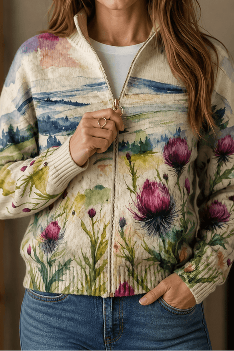 Botanical Print Zip-Up Knit Cardigan with Ribbed Trim