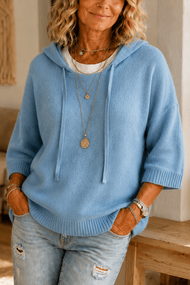Women's Hooded Knit Jumper with Drawstring and Dropped Shoulders