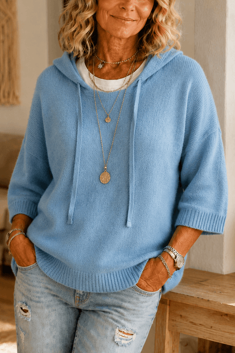 Women's Hooded Knit Jumper with Drawstring and Dropped Shoulders