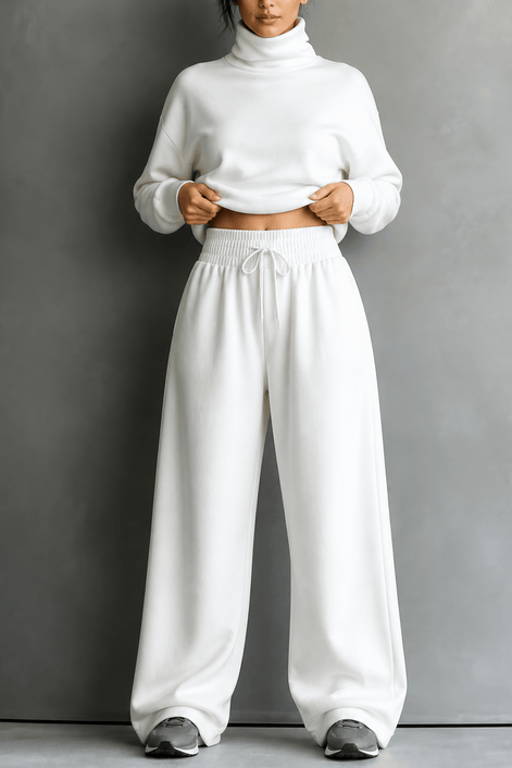 Women's Turtleneck Knitted Jumper and Wide-Leg Trousers Lounge Set