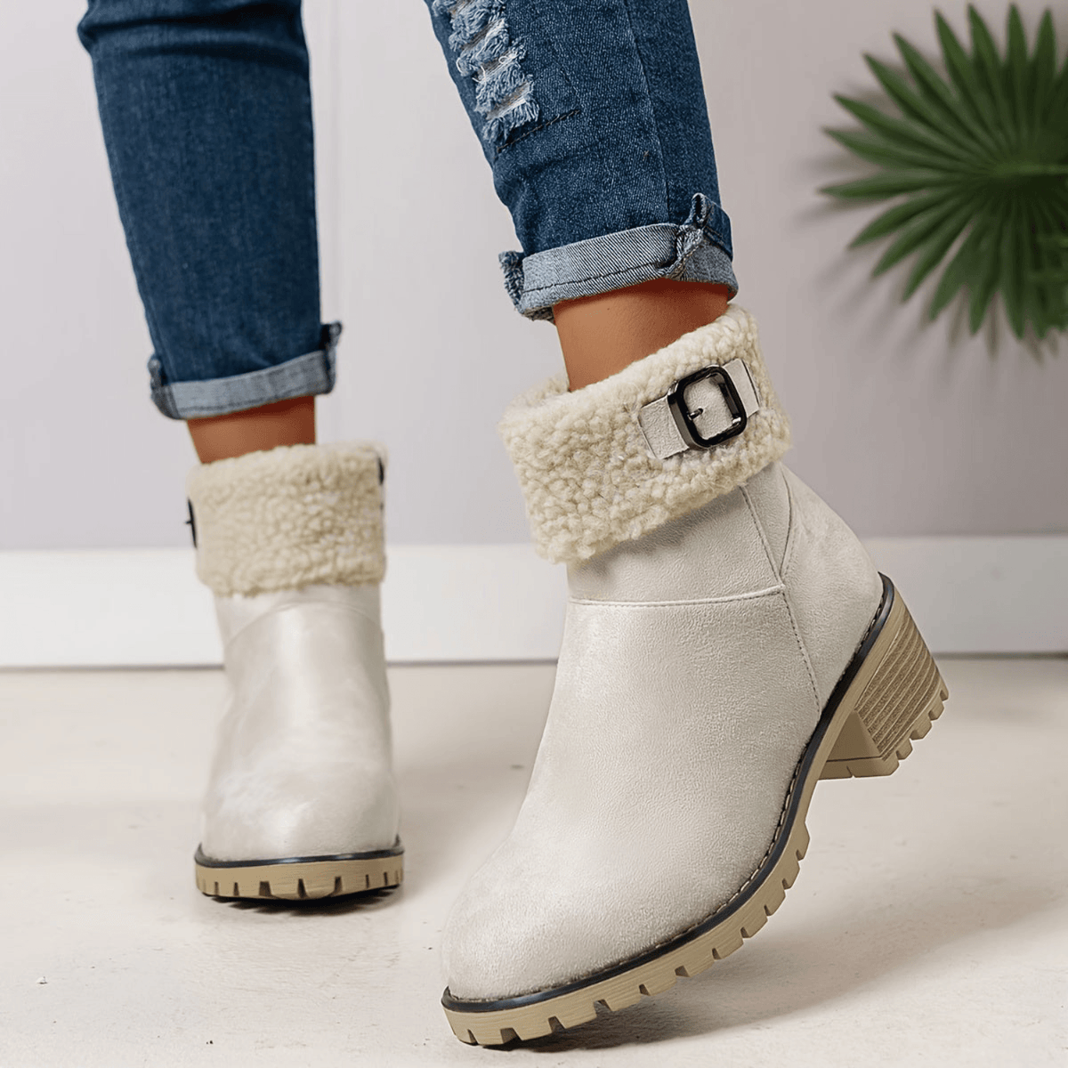 Faux Shearling Cuff Buckle Boots with Block Heel