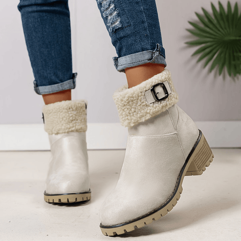 Faux Shearling Cuff Buckle Boots with Block Heel