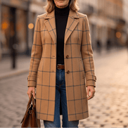 Women's Checkered Knee-Length Coat with Two-Button Front and Drop Shoulders