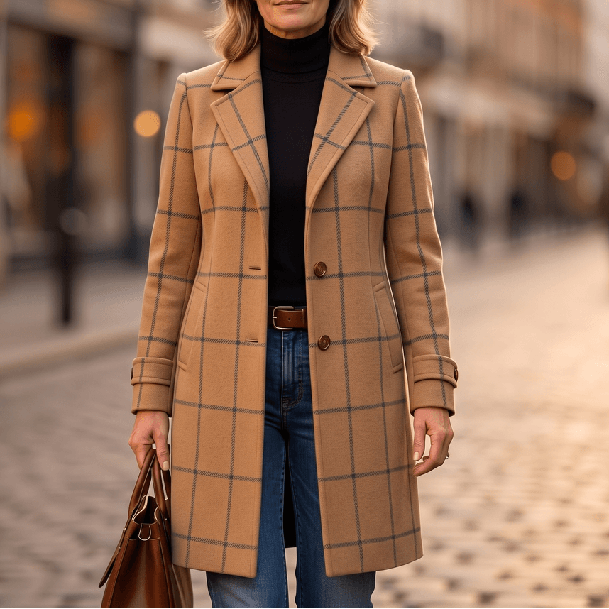 Women's Checkered Knee-Length Coat with Two-Button Front and Drop Shoulders