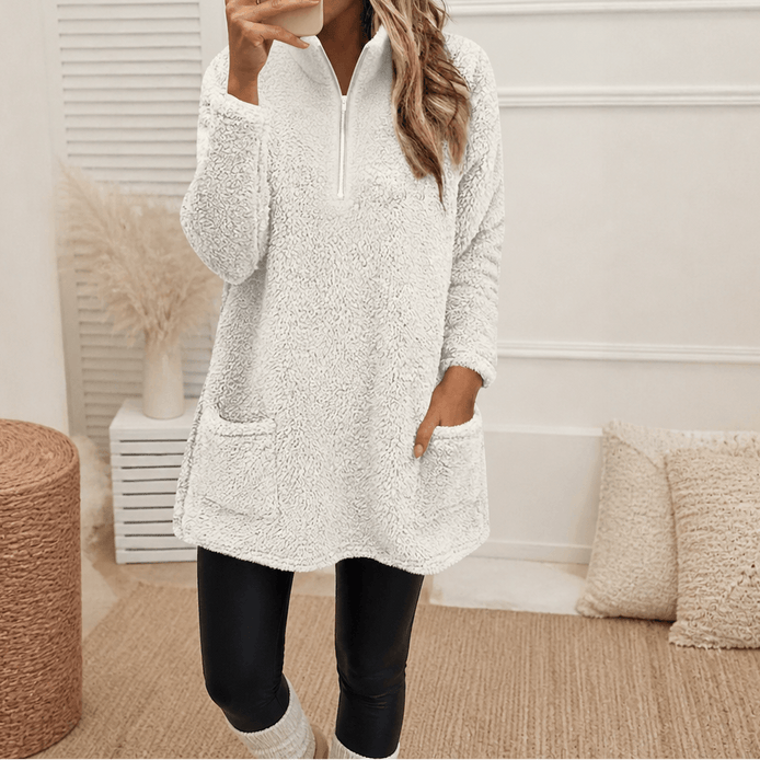 Women's Longline Half-Zip Sherpa Fleece Pullover with Pockets