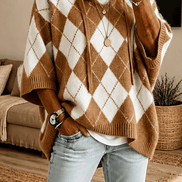 Women's Hooded Argyle Batwing Poncho Knitted Jumper with Relaxed Fit