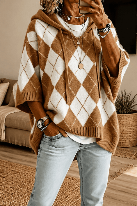 Women's Hooded Argyle Batwing Poncho Knitted Jumper with Relaxed Fit
