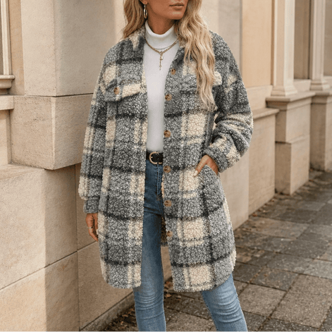 Fairloch Plaid Sherpa-Lined Mid-Length Coat with Button Front