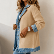 Ribbed Knit Longline Cardigan Coat with Denim Panel Detail