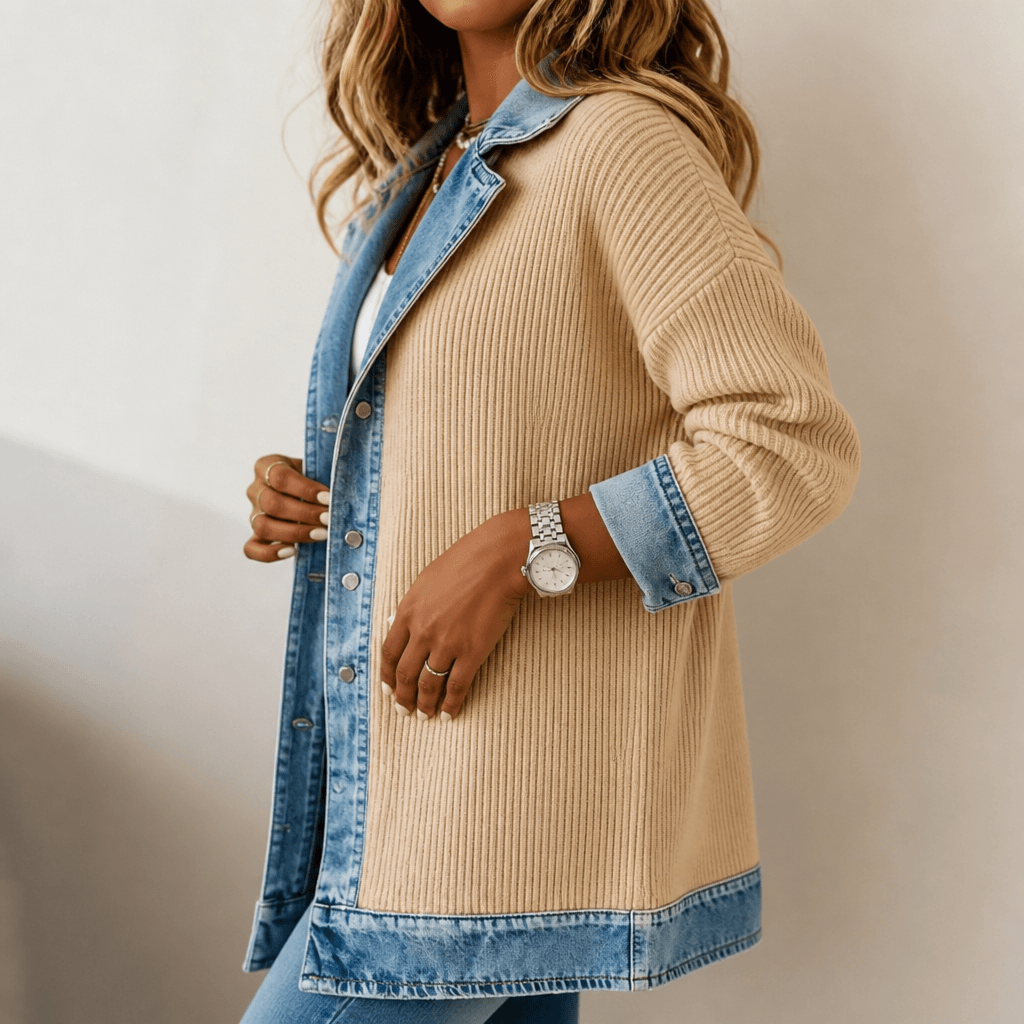Ribbed Knit Longline Cardigan Coat with Denim Panel Detail