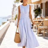 Women's Striped Wrap-Waist Sleeveless Midi Dress