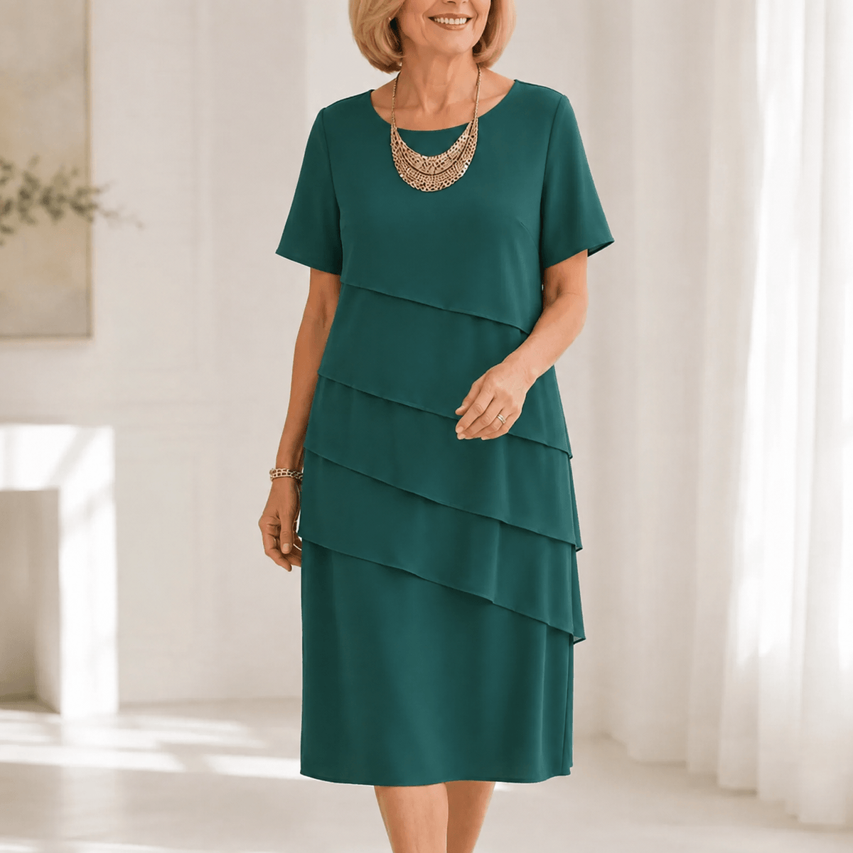 Florenza Tiered Chiffon-Look Women's Midi Dress with Flutter Sleeves