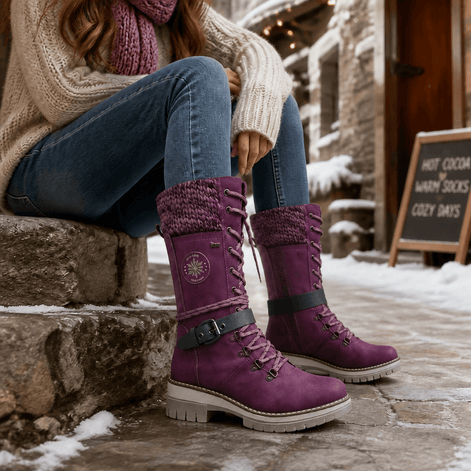 Women's Knit-Cuff Lace-Up Winter Boots with Buckle Strap