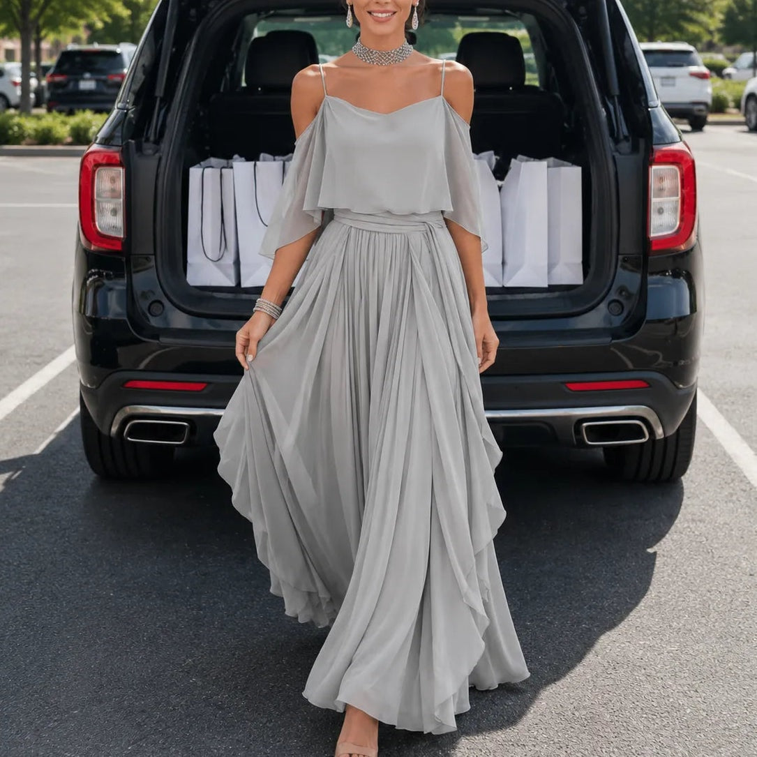 Solavia Cold-Shoulder Chiffon Women's Midi Dress with Cascading Side Drape